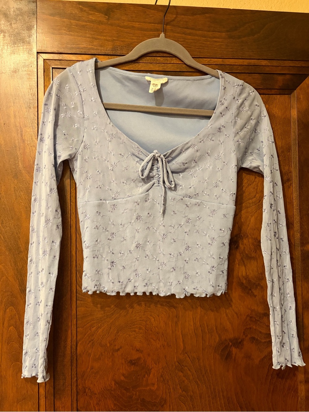 Full Tilt Light Blue Tie-Front Long Sleeve Crop Top